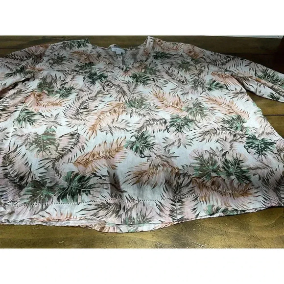 J Jill Love Linen Blouse Womens Top 2XL Pink Green Tropical 3/4 Flutter Sleeve - Picture 5 of 9